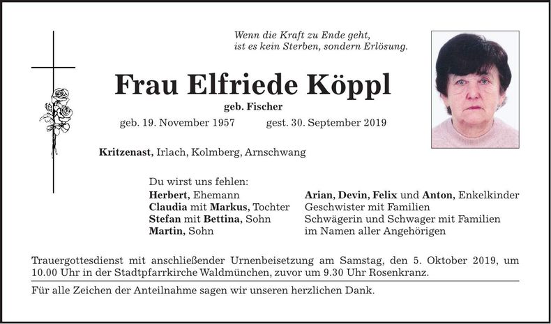 Traueranzeige Elfriede Köppl