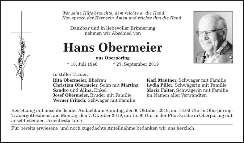 Traueranzeige Hans Obermeier