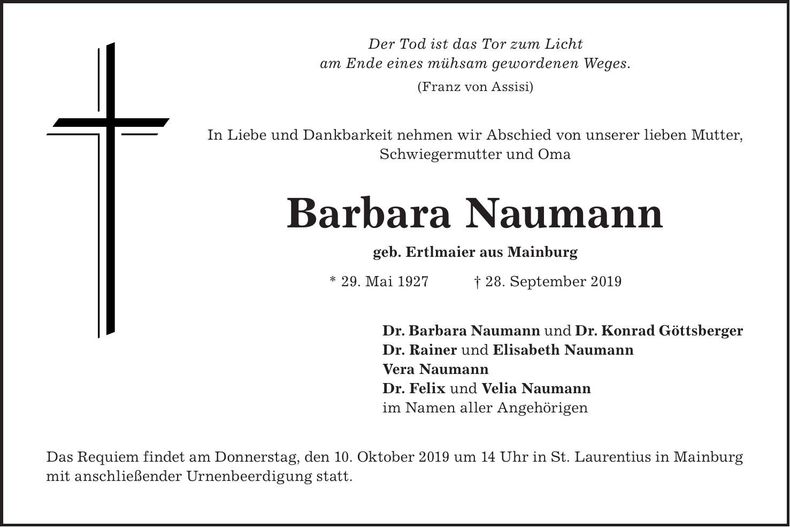 Traueranzeige Barbara Naumann