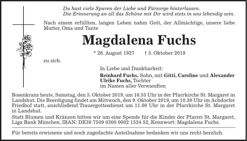 Traueranzeige Magdalena Fuchs