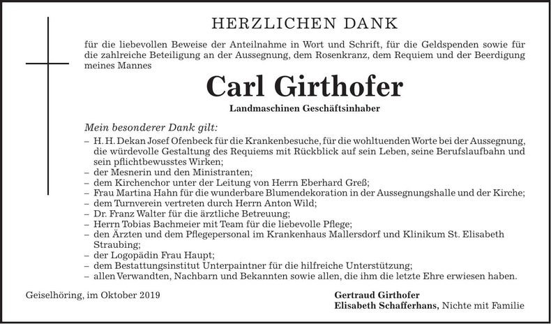 Traueranzeige Carl Girthofer