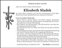 Traueranzeige Elisabeth Sladek