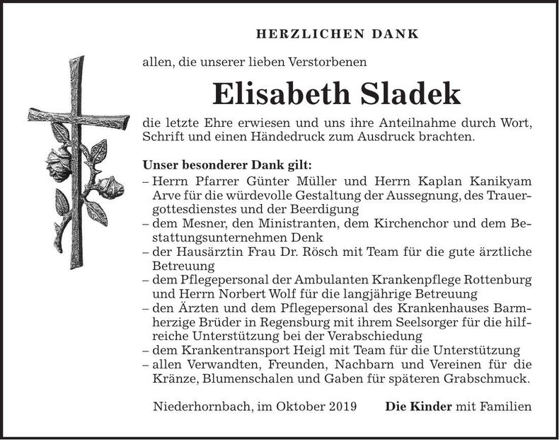 Traueranzeige Elisabeth Sladek