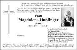 Traueranzeige Magdalena Haßlinger
