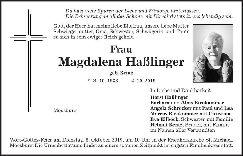 Traueranzeige Magdalena Haßlinger