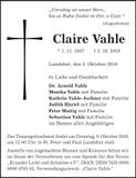 Traueranzeige Claire Vahle