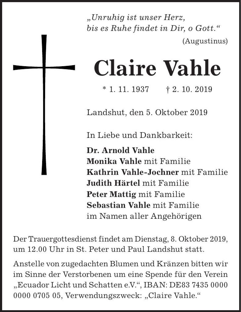 Traueranzeige Claire Vahle