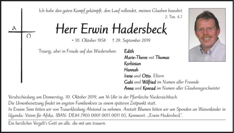 Traueranzeige Erwin Hadersbeck