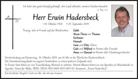 Traueranzeige Erwin Hadersbeck