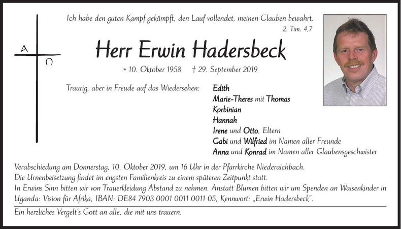 Traueranzeige Erwin Hadersbeck
