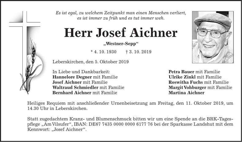 Traueranzeige Josef Aichner