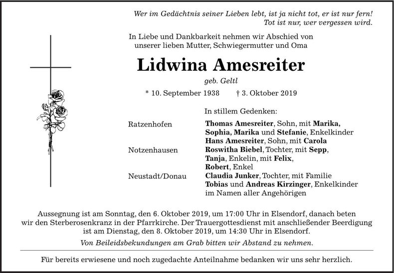 Traueranzeige Lidwina Amesreiter