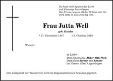 Traueranzeige Jutta Weß