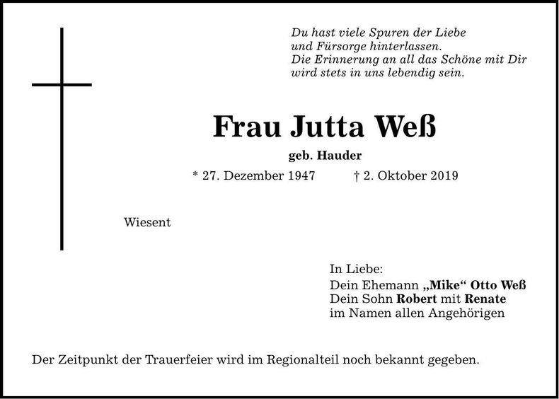Traueranzeige Jutta Weß