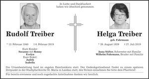 Traueranzeige Rudolf und Helga Treiber