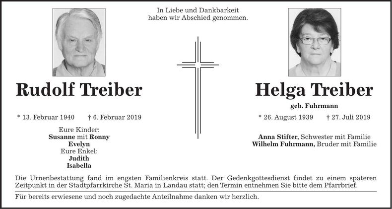 Traueranzeige Rudolf und Helga Treiber