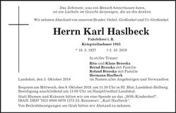 Traueranzeige Karl Haslbeck