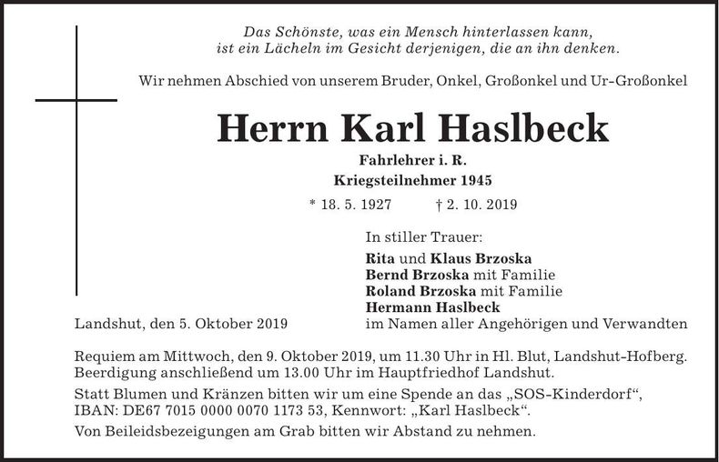 Traueranzeige Karl Haslbeck
