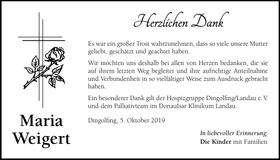 Traueranzeige Maria Weigert