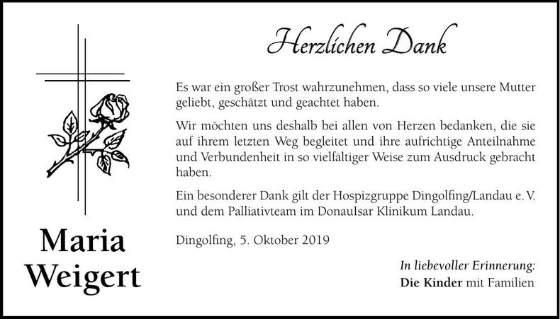 Traueranzeige Maria Weigert