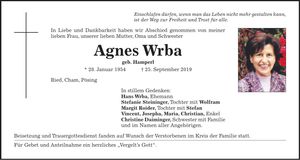 Traueranzeige Agnes Wrba
