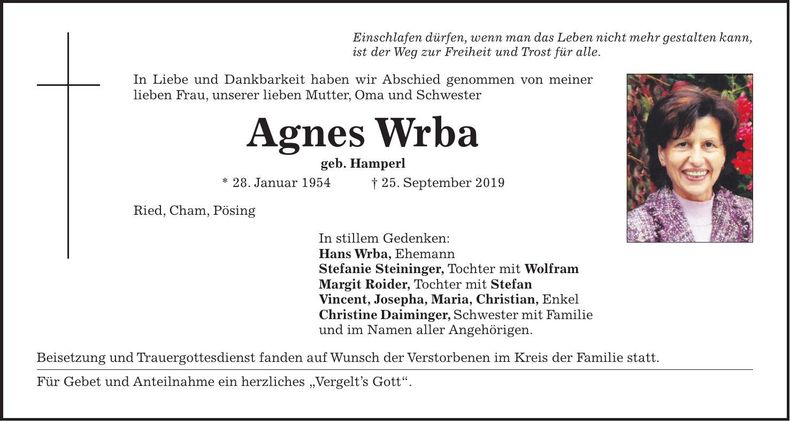 Traueranzeige Agnes Wrba