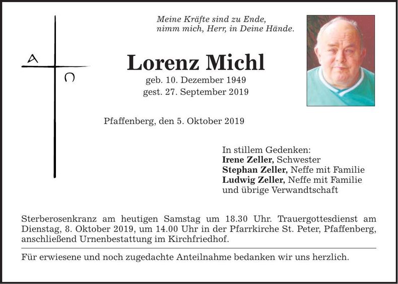 Traueranzeige Lorenz Michl