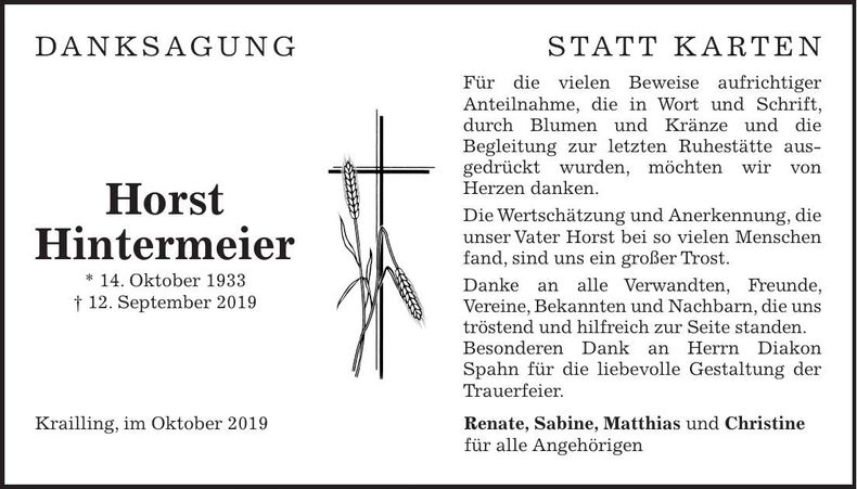 Traueranzeige Horst Hintermeier