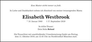Traueranzeige Elisabeth Westbrook
