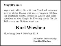 Traueranzeige Karl Wiesheu
