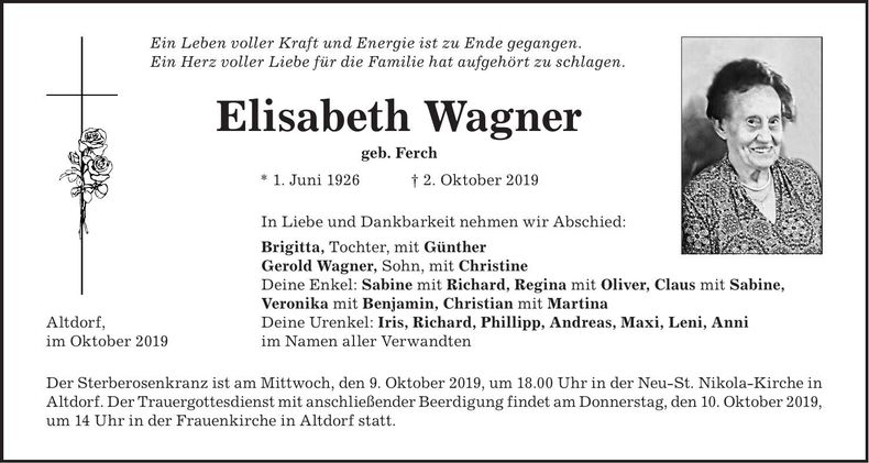 Traueranzeige Elisabeth Wagner