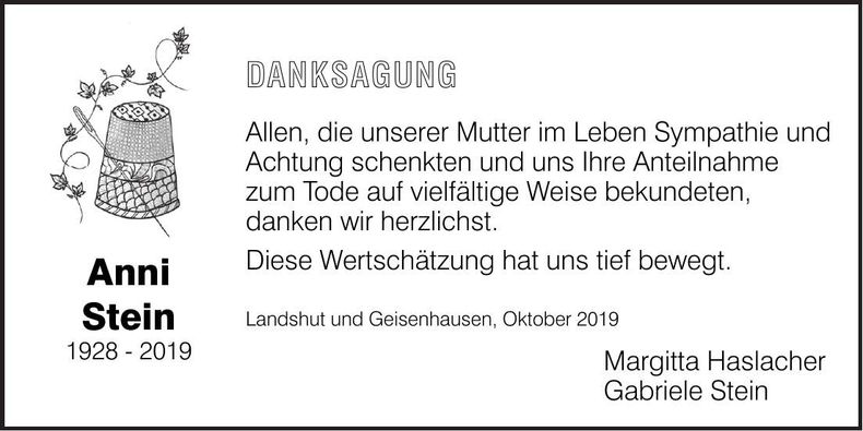 Traueranzeige Anni Stein