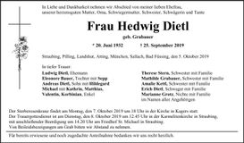 Traueranzeige Hedwig Dietl