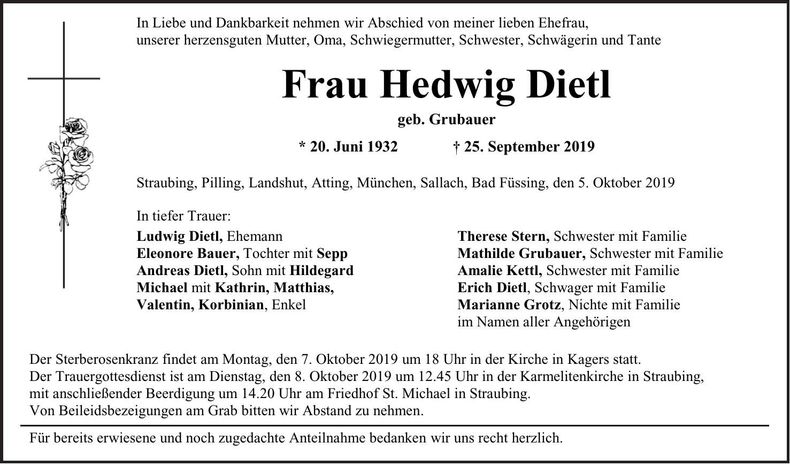 Traueranzeige Hedwig Dietl