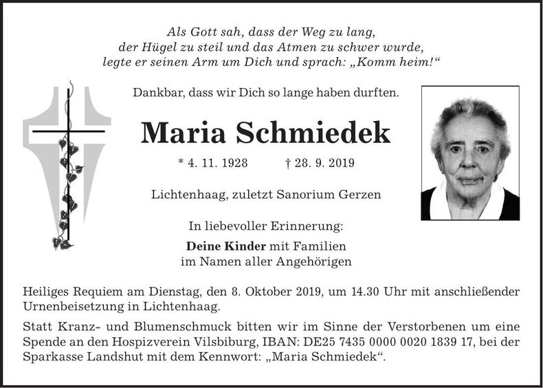 Traueranzeige Maria Schmiedeck