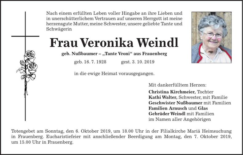 Traueranzeige Veronika Weindl