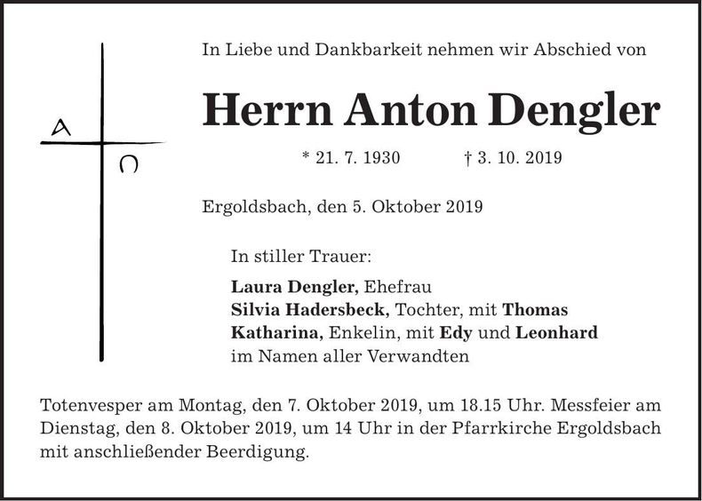 Traueranzeige Anton Dengler