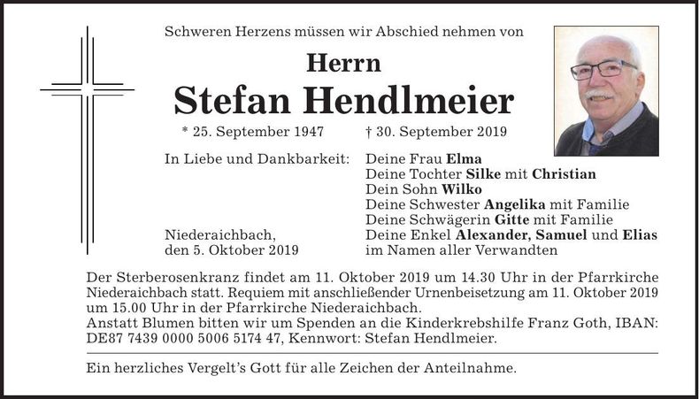 Traueranzeige Stefan Hendlmeier
