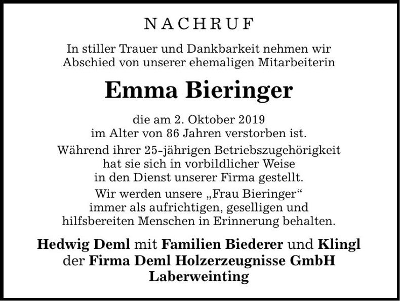 Traueranzeige Emma Bieringer