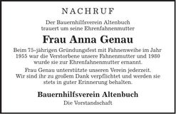 Traueranzeige Anna Genau