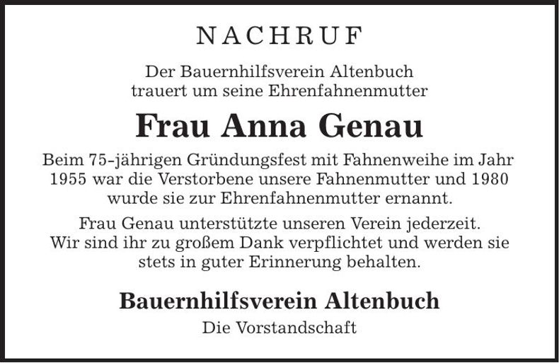 Traueranzeige Anna Genau