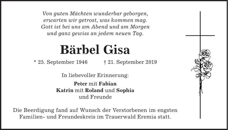 Traueranzeige Bärbel Gisa