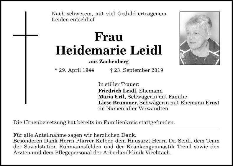 Traueranzeige Leidl Heidemarie