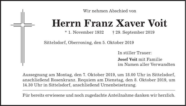 Traueranzeige Franz Xaver Voit