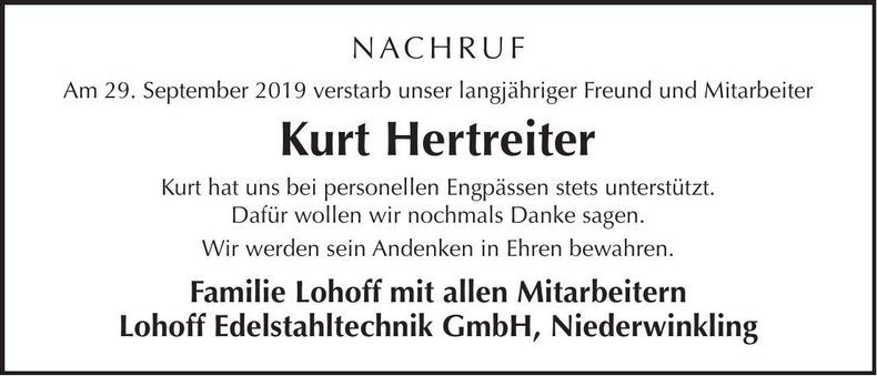 Traueranzeige Kurt Hertreiter