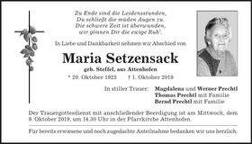 Traueranzeige Maria Setzensack