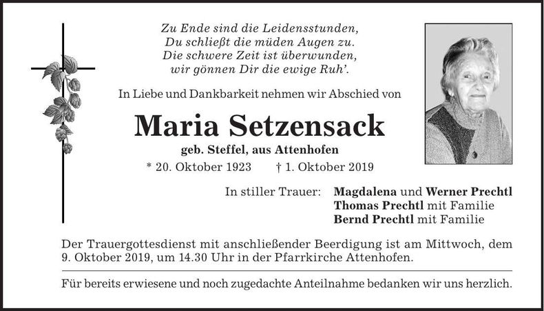 Traueranzeige Maria Setzensack