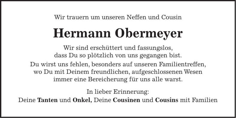 Traueranzeige Hermann Obermeyer