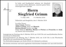 Traueranzeige Siegfried Grimm