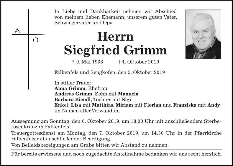 Traueranzeige Siegfried Grimm